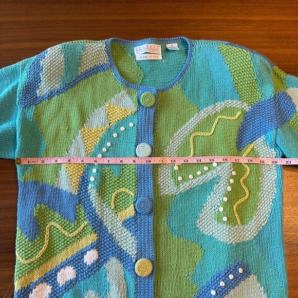 Segrets Sun Prints Vintage Hand Knit Grannycore Blue Cardigan, Cotton/Ramie Med - Picture 2 of 7